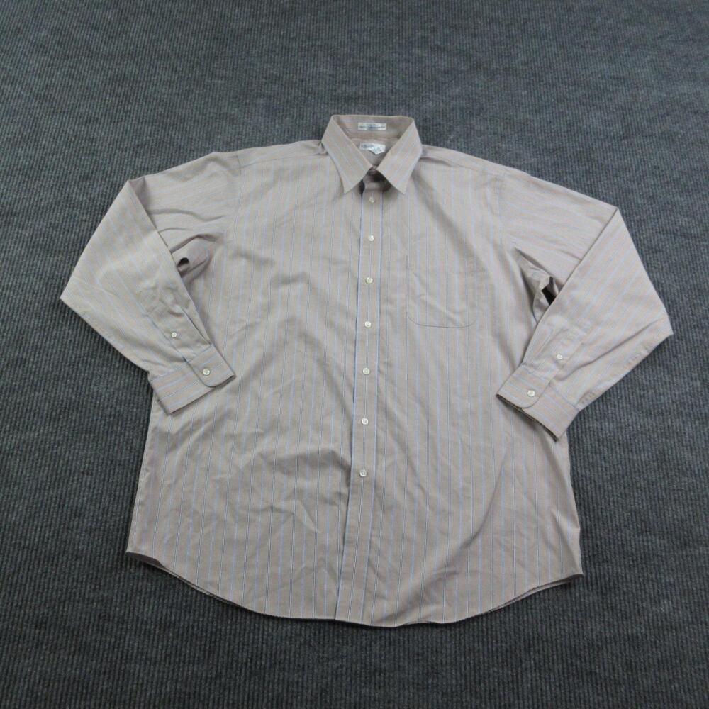 Paul Fredrick Dress Shirt Mens 17.5 36/37 Brown Striped Classic Fit Cotton